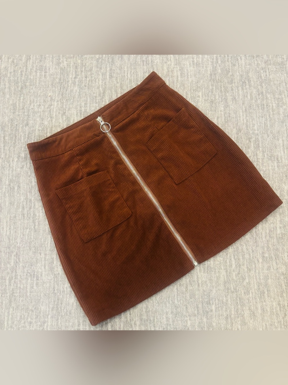 SHEIN Brown Corduroy Front-Zip Mini Skirt